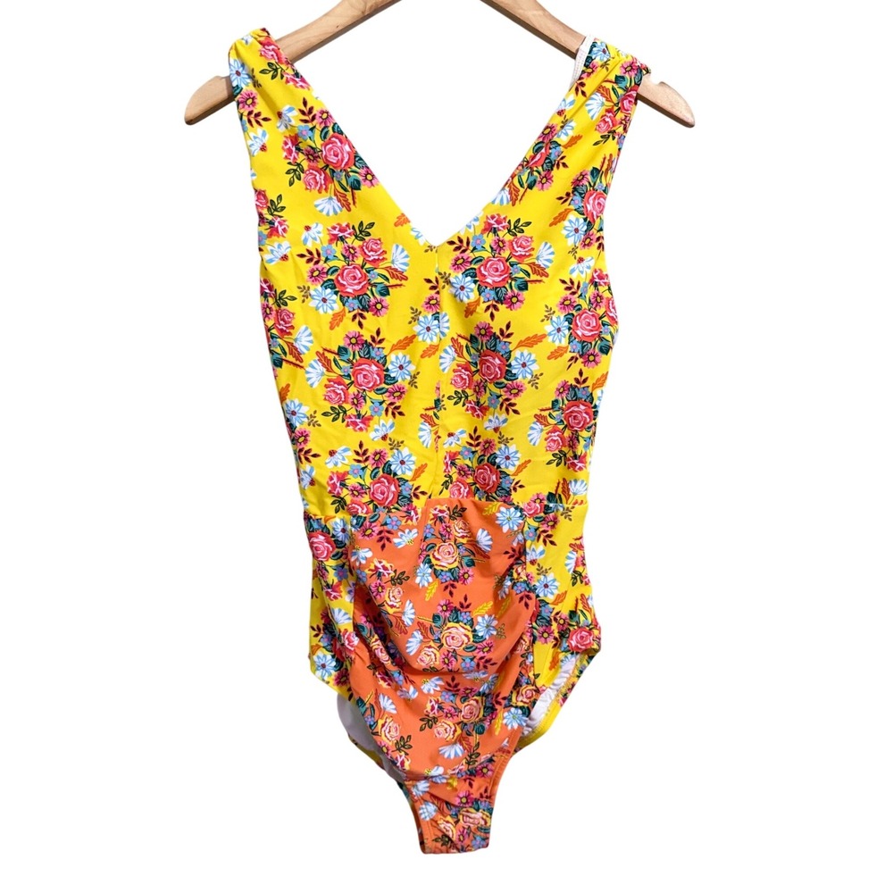 Secret Admirer Swimsuit Yellow Floral Print V Neck One Piece Size Medium